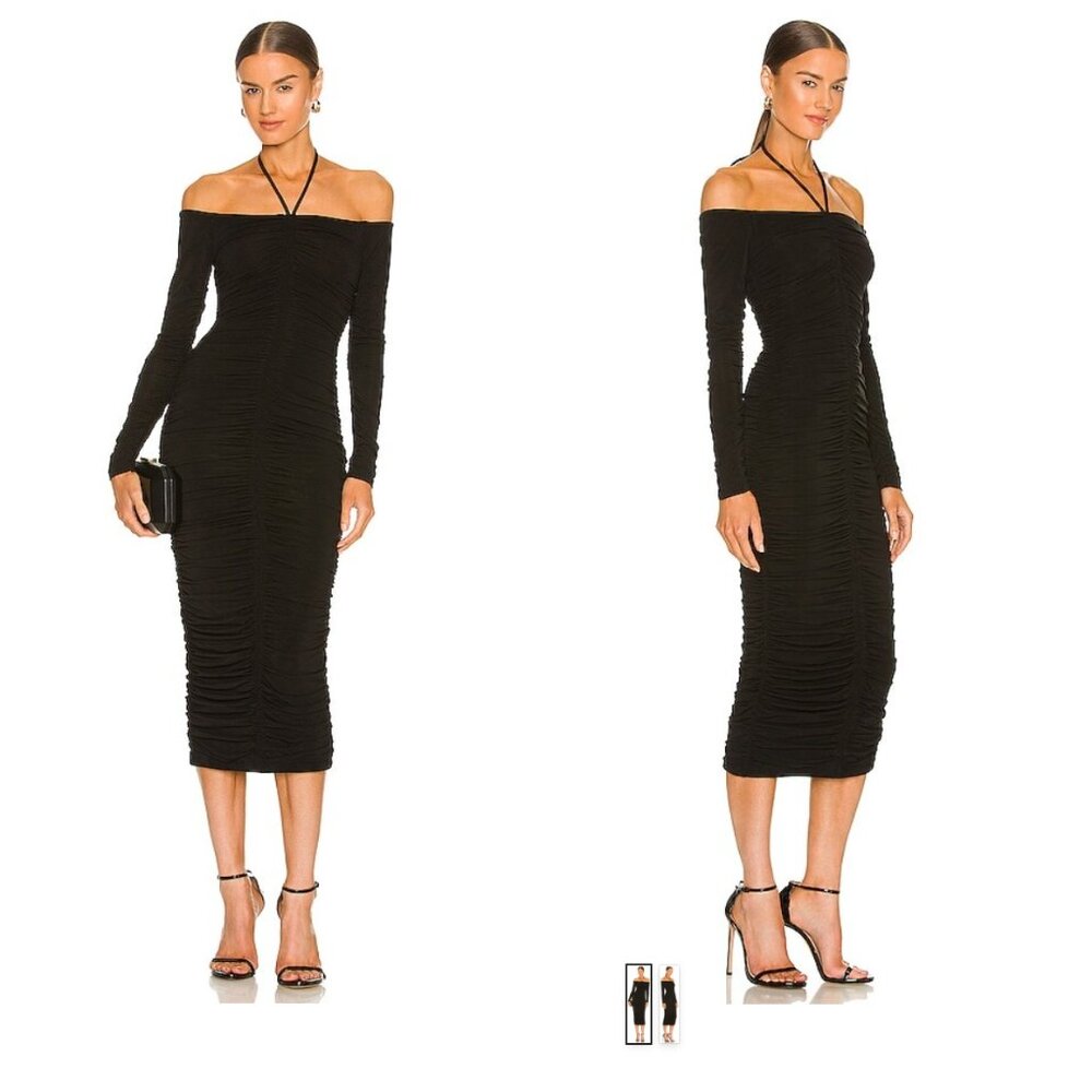 A.L.C. Avery Ruched Midi Dress Long Sleeves Black - Small